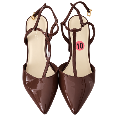 Nine West Patent T-Strap Block Heels — Dark Brown