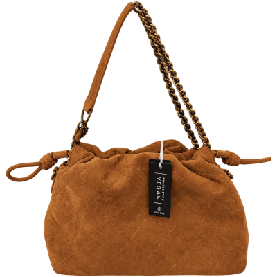 Quilted Drawstring Shoulder Bag — Tan
