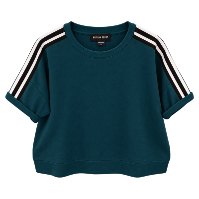 Rafiana Sport Stripe-Sleeve Top — Teal, L