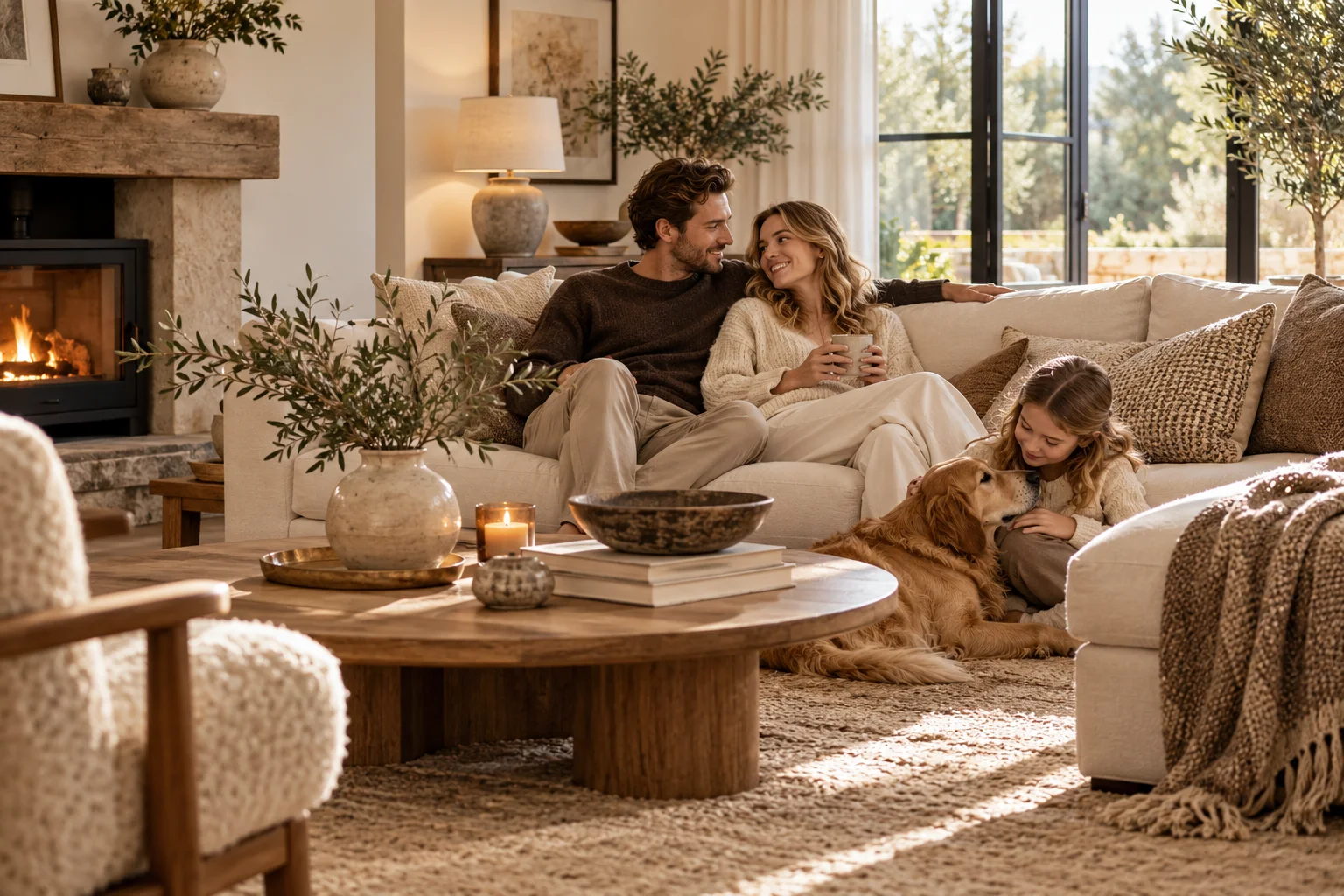 A warm living room with a family, a cream sofa and natural wood furnishings.