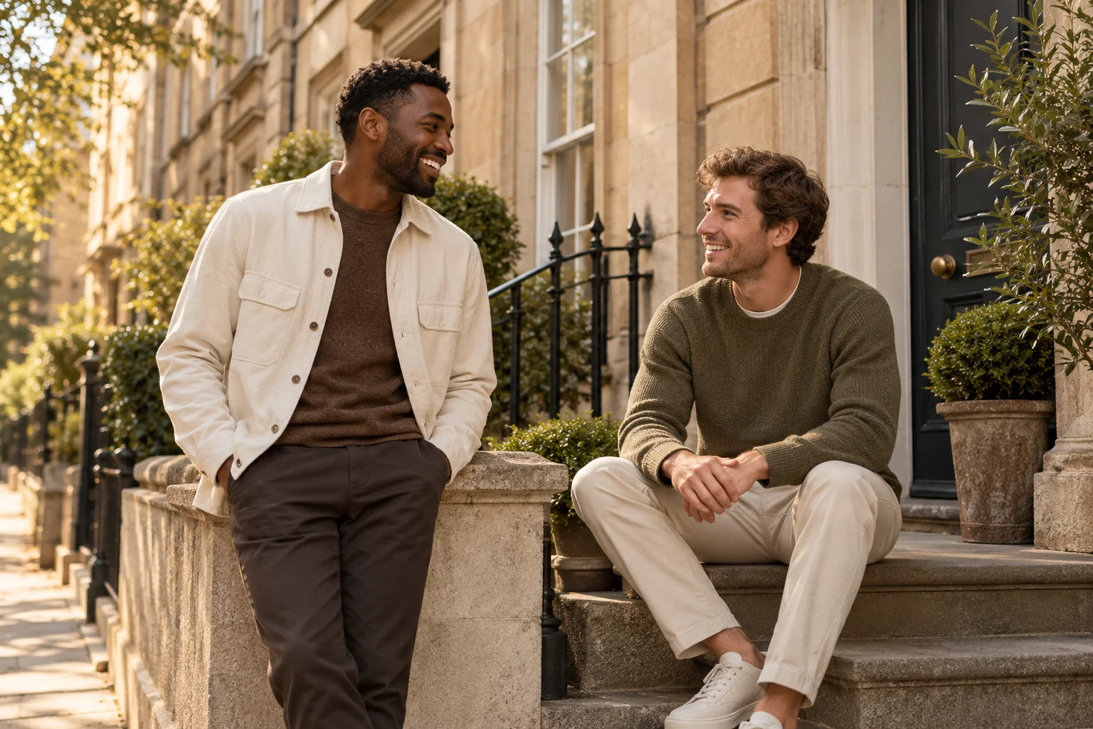 Two men chatting outside a stone townhouse in relaxed neutral clothing.