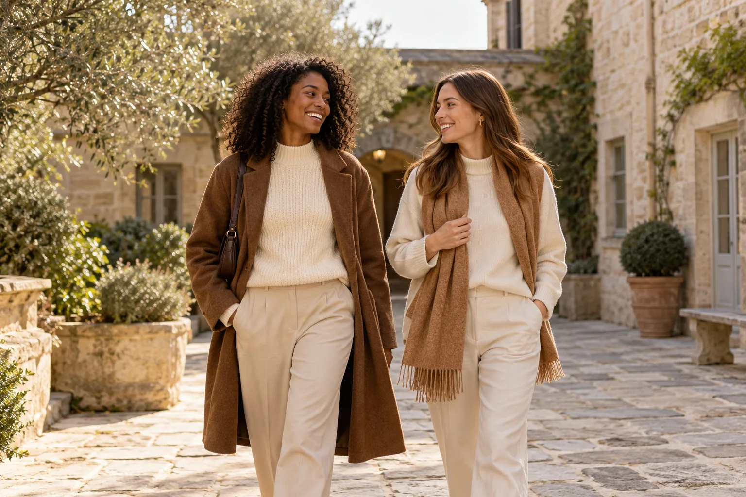 Two women walking together in warm neutral outfits in a sunlit stone courtyard.